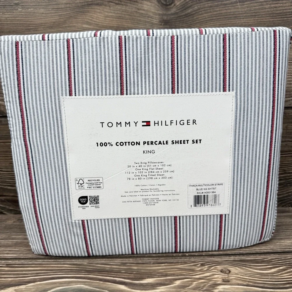 Tommy Hilfiger Ithaca Stripe KING Sheet Set 100% Cotton White Blue Red NEW